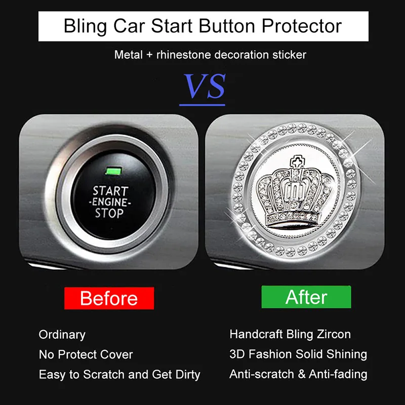 Carro Bling One-Click Start Stop Motor Anel de Ignição Adesivo, Crystal Rhinestone Metal Decor, Capa para BMW, Hyundai, Toyota, Honda