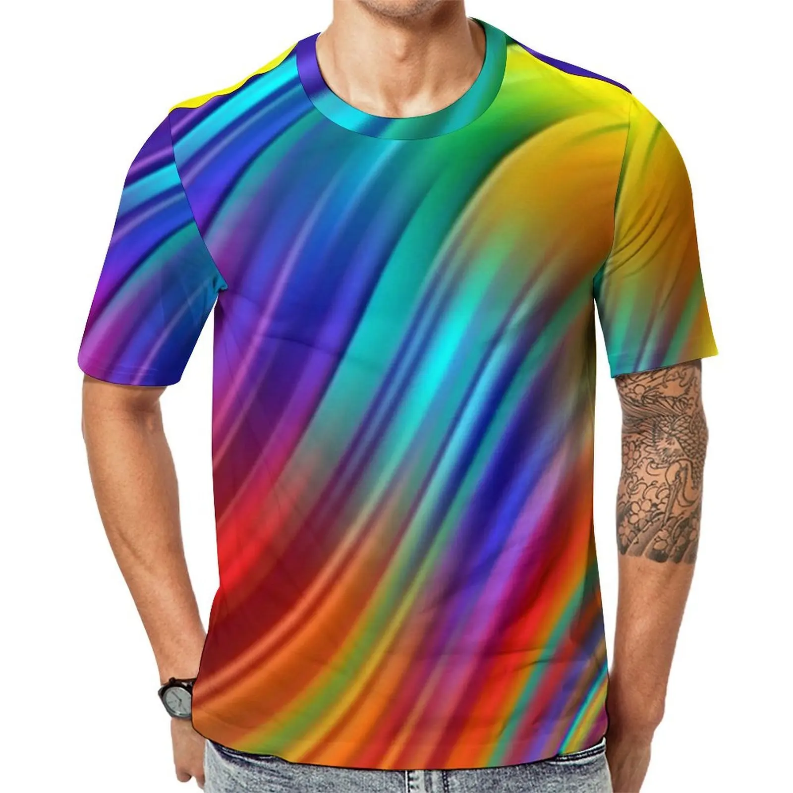 Abstract Rainbow Print T-Shirt Wave Liquid Shape Vintage T Shirts Men Kawaii Tshirt Summer Short Sleeves Design Tops Plus Size