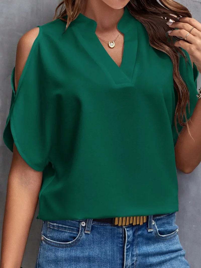 Summer new pure color v neck elegant fashion off-shoulder sleeve women\'s top