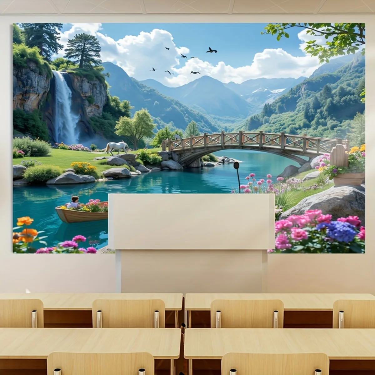 Idyllic Nature Landscape Tapestry, Turquoise River, Alpine Scenery, Flying Birds Wall Hanging Apartment Bedroom Dorm Home Decor