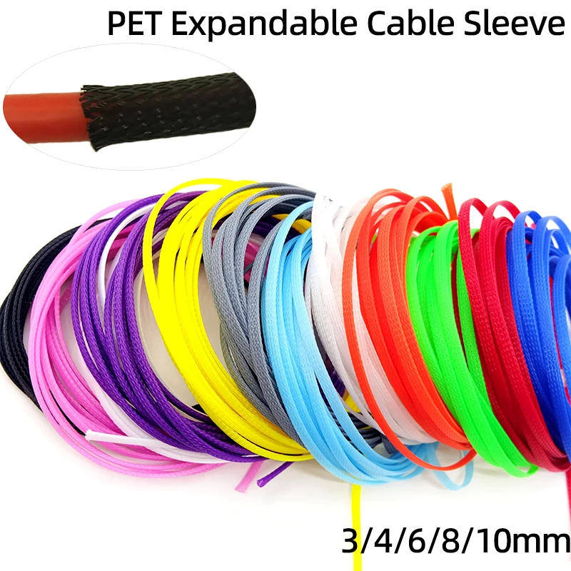 Insulated PET Braid Sleeving 3/4/6/8/10mm Tight 5/10/50M High Density Wire Wrap Sheath Protection Black Red Cable sleeve