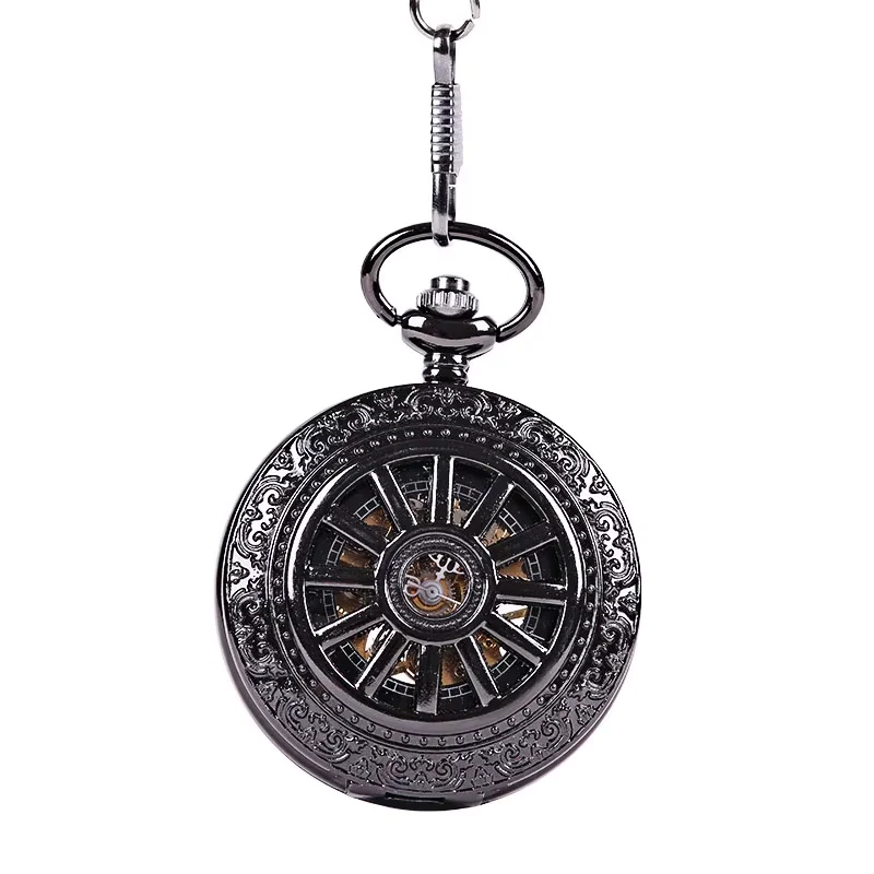 レトロトレンドブラックホイールパースペクティブパターンオープンホワイトデジタル懐中時計チェーン付きメンズとレディースアクセサリー