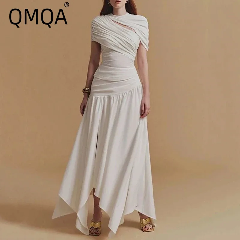

QMQA Fashion Women's Elegant 2 Pcs Set Hollow Out Pleated Cape Sleeve Top Irregular Side Split Skirt Sets 2025 Clothing QM596