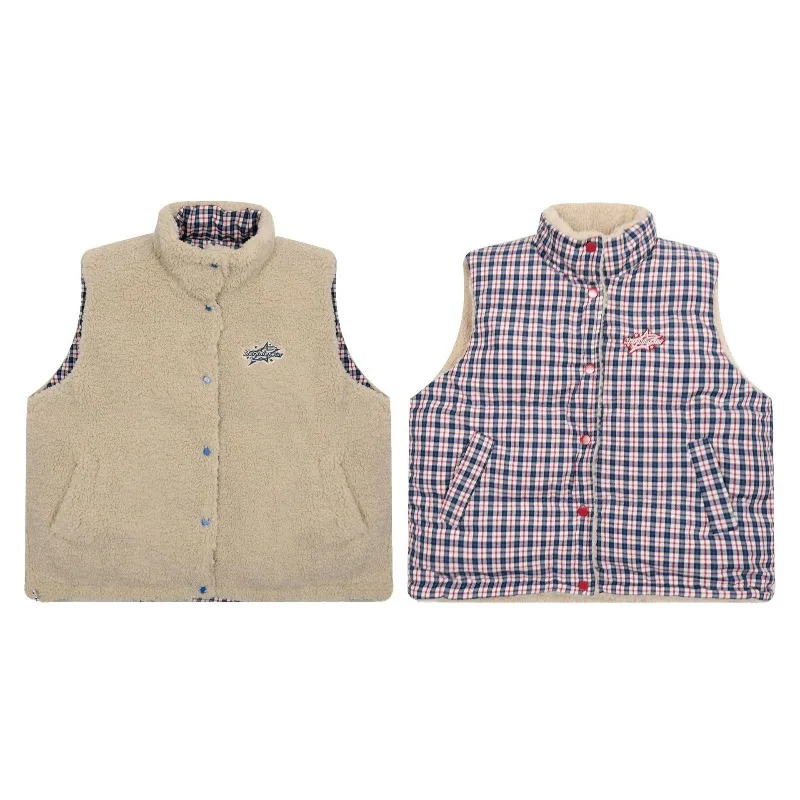 

Плюшевый жилет с воротником-стойкой, без рукавов из искусственного ягненка, двусторонняя одежда, клетчатые куртки из искусственного меха, однобортная пушистая куртка, пушистая стильная куртка