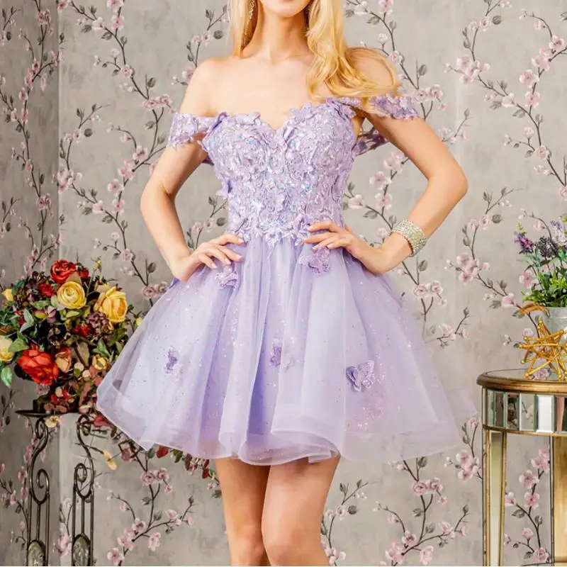 Short Suspender A-line Dance Evening Dress Sweetheart Lace Three-dimensional Decal Sequin Sleeveless Starry Sky Dress Customized