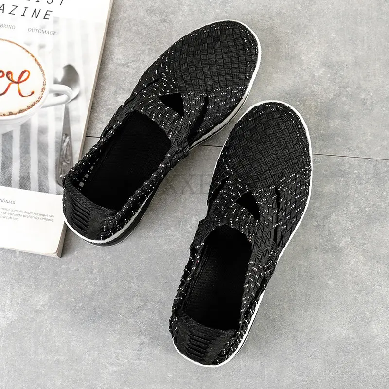 Women Shoes Flat Platform Woven Casual Loafers Slip On Breathable Walking Sneakers Fashion Female Tenis 4.5CM Heigh