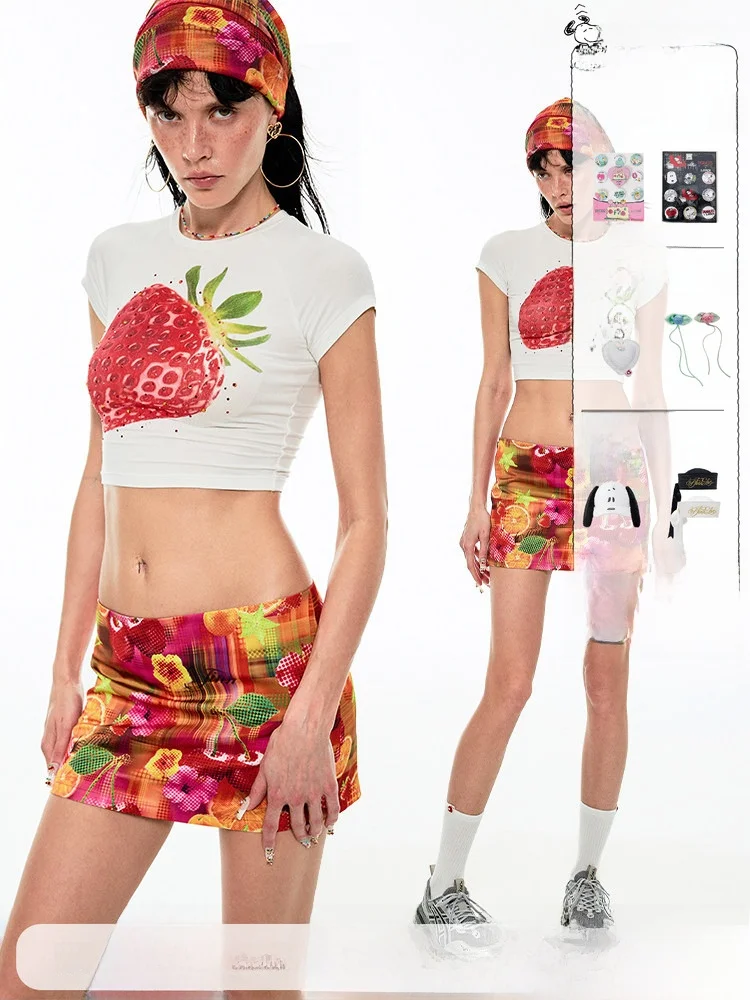

Summer Fruit Print High Elastic Short T-Shirt 1JINN STUDIO Skin-friendly Glitter T-shirt Floral Pattern round Neck Short Sleeve