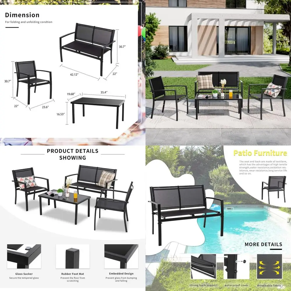 

All-Weather 4-Piece Patio Furniture Set with Black Textile Fabric, Glass Top Coffee Table, Loveseat, and 2 Chairs for Outdoor Co
