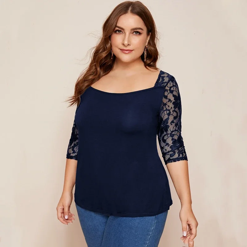 Top de encaje elegante para mujer, camiseta de media manga, color azul liso, talla grande, 5XL, 6XL, 7XL, 8XL