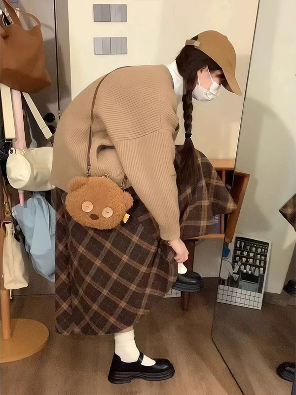 

plus Size 300 Pounds Plaid Woolen A-Line Skirt Women's Autumn Winter Slimming High Waist Commuter Style Korean Version