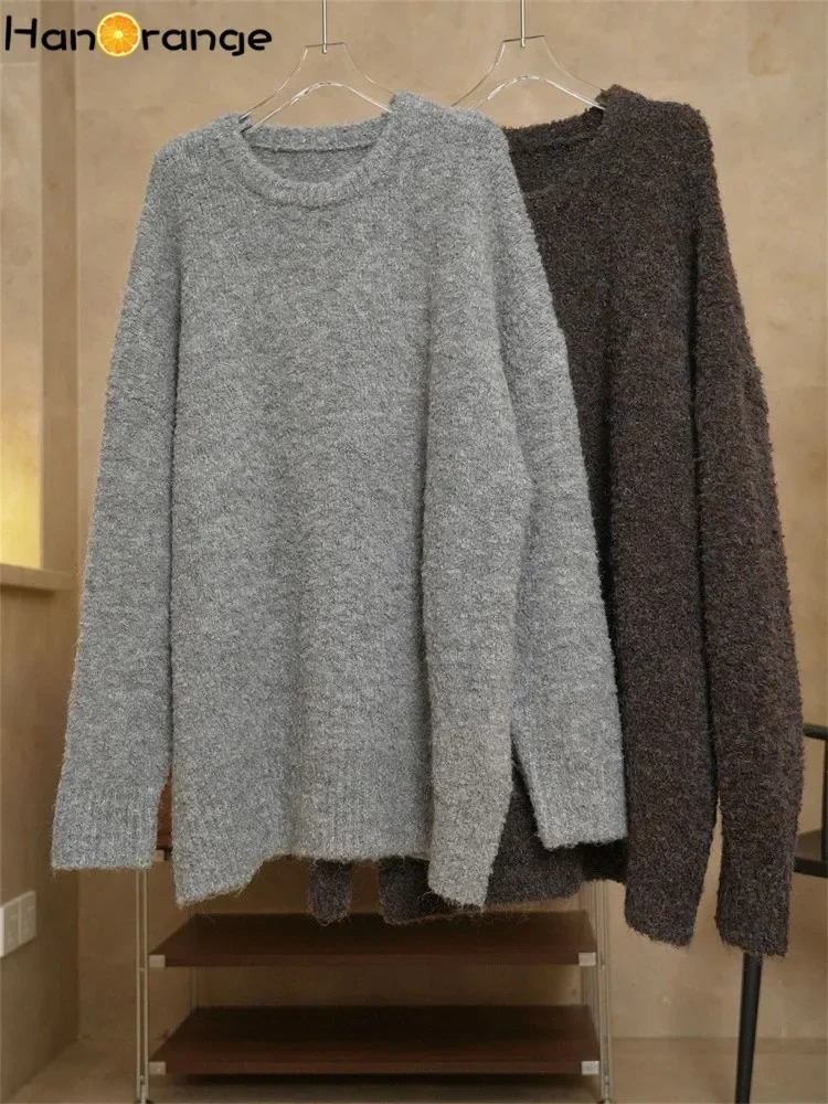 HanOrange 2024 Winter Lazy Long Wool Sweater Women Loose Fit Comfortable Warm Thick Top pullover Female Gray/Coffee