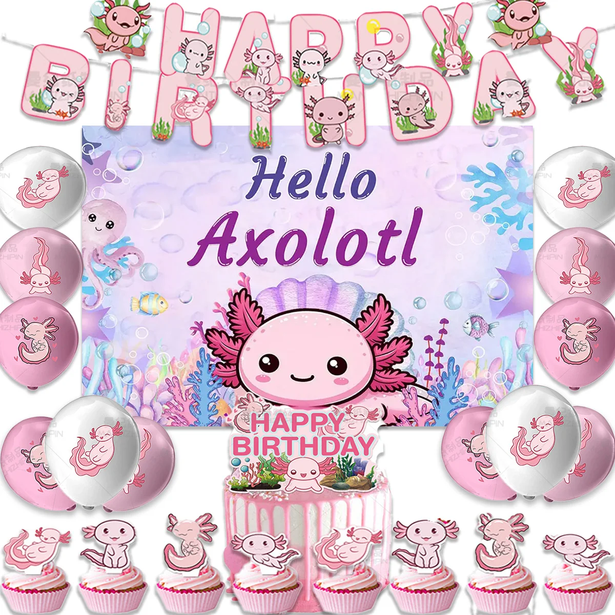 Pink Cute Axolotl Theme Girl's Birthday Party Supplies Decor Animal Balloon Banner Backdrop Cupcake Topper Kid Baby Shower Gifts