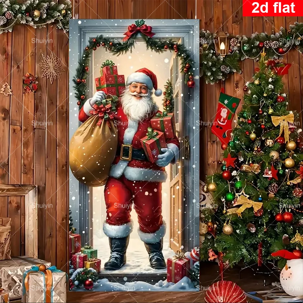 

Santa Claus Delivering Gifts Door Cover Christmas New Year Festival Party Supply Home Entrance Porch Sign Decor Banner Backdrops