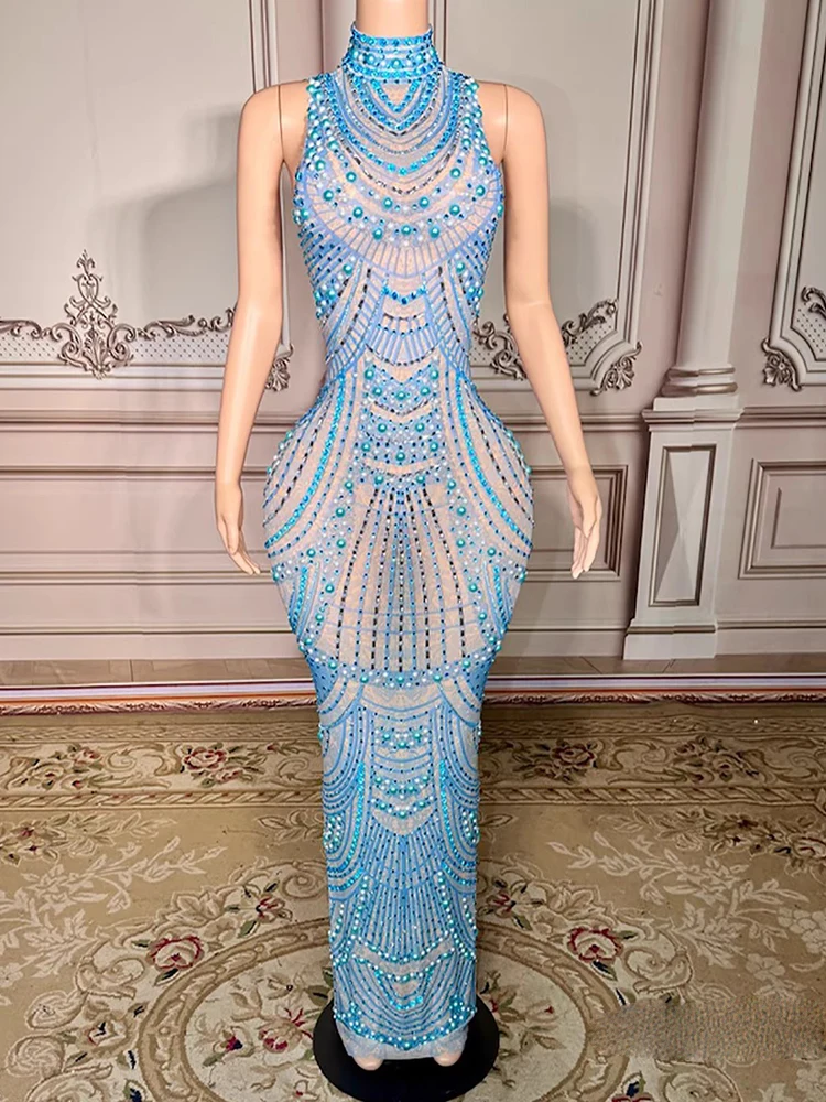 High Quality Rhinestone Blue Sexy Mesh Vest Dress 2025 New Fashion Custom Women'S Clothing