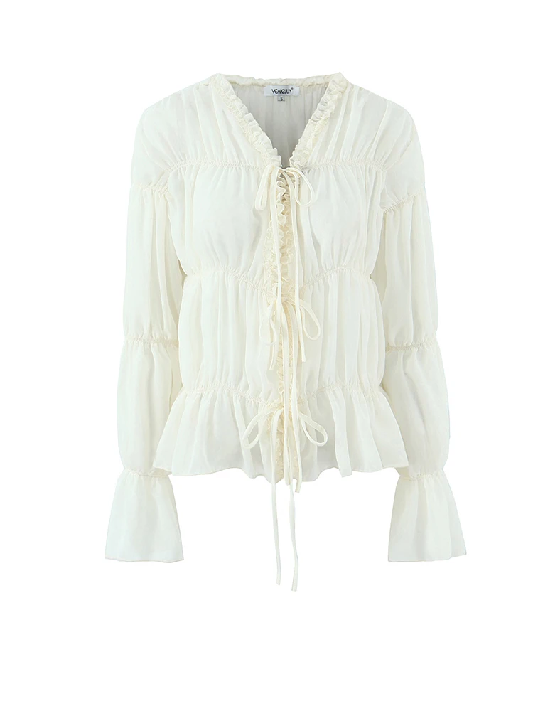 

Women's Beige Ruffled Peplum Chiffon Blouse, Long Bell Sleeve V Neck Tie Front Smocked Casual Top