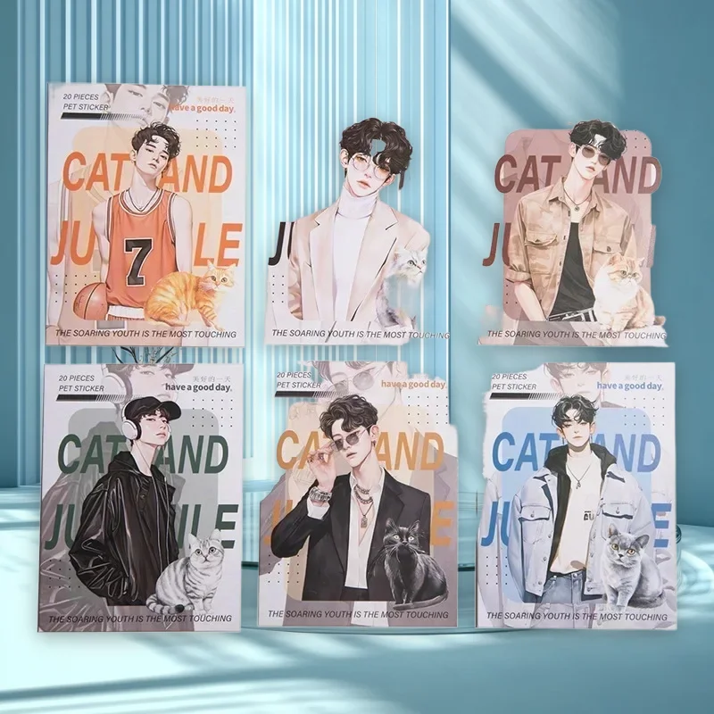 Cat Language Boy Series 6 Styles 20 Piece Optional PET Stickers Irregular Character Hand Account Decor