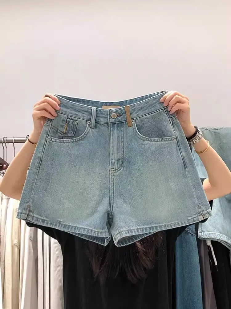 

Retro Capri Jeans High Waist Wide Leg Short Pants Women's Blue Summer New Style Casual Washed Denim Trendy Hot Pants
