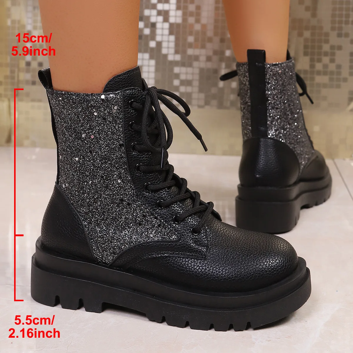 Women's shoes 2026 autumn new item sequined lace up thick soled sponge cake European and American round toe short boots