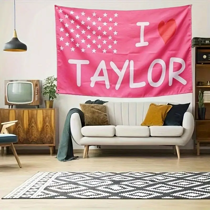 VIKAMA “I Love Taylor” Tapestry, Pink Stars and Pastel Pink Girly-Style Wall Hanging, Concert Party Backdrop for Girls' Bedrooms