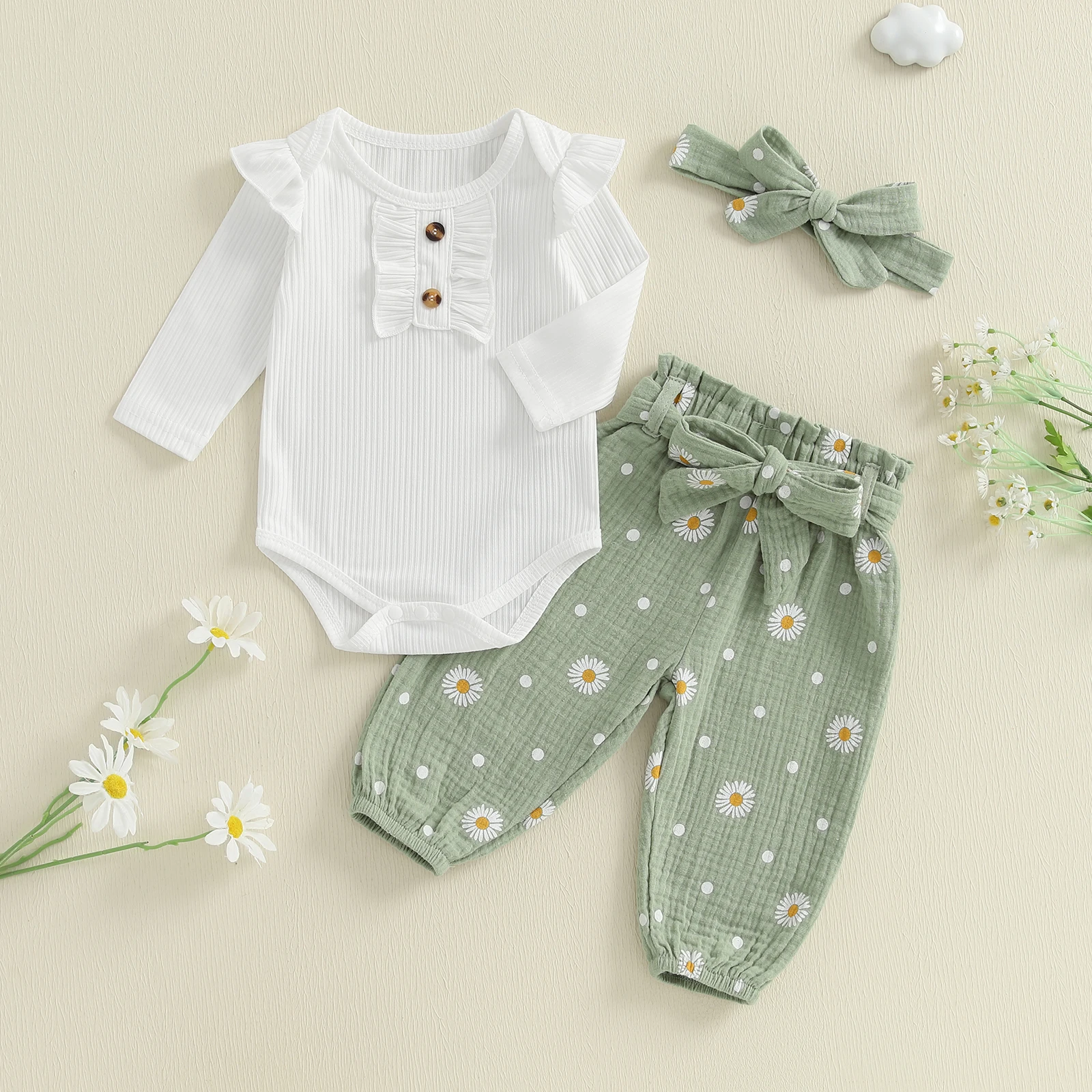 

VISgogo 0-24 Months Baby Girl Fall Outfit Ruffled Trim Long Sleeve Romper Daisy Print Pants Bow Headband and Belt 4 Pcs Set