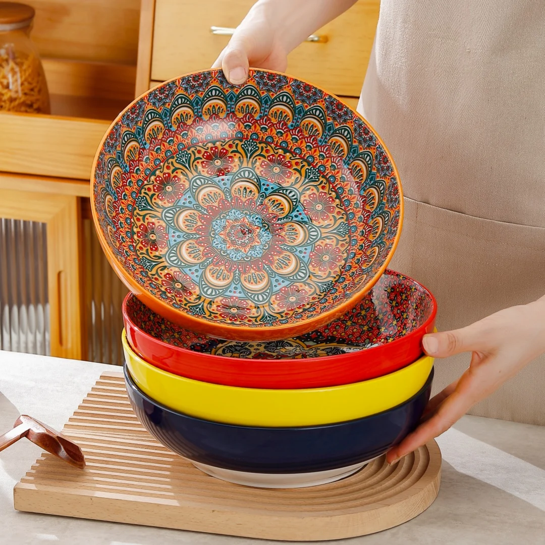 Bohemian Style Underglaze Ceramic Soup Bowl Large Capacity Salad Bowl for Party Camping