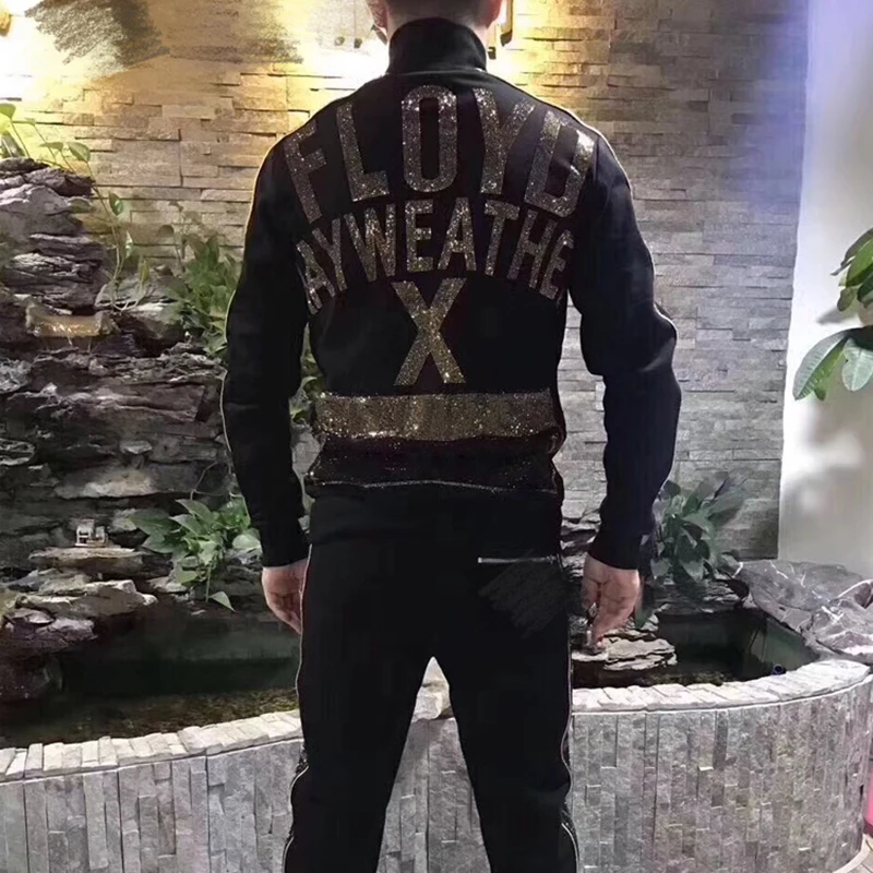 2023 Men\'s Suit 100% Cotton King of Fighters Gold Letters Diamond Embroidery 2 Piece Sweater Pants Italian Fashion High Quality