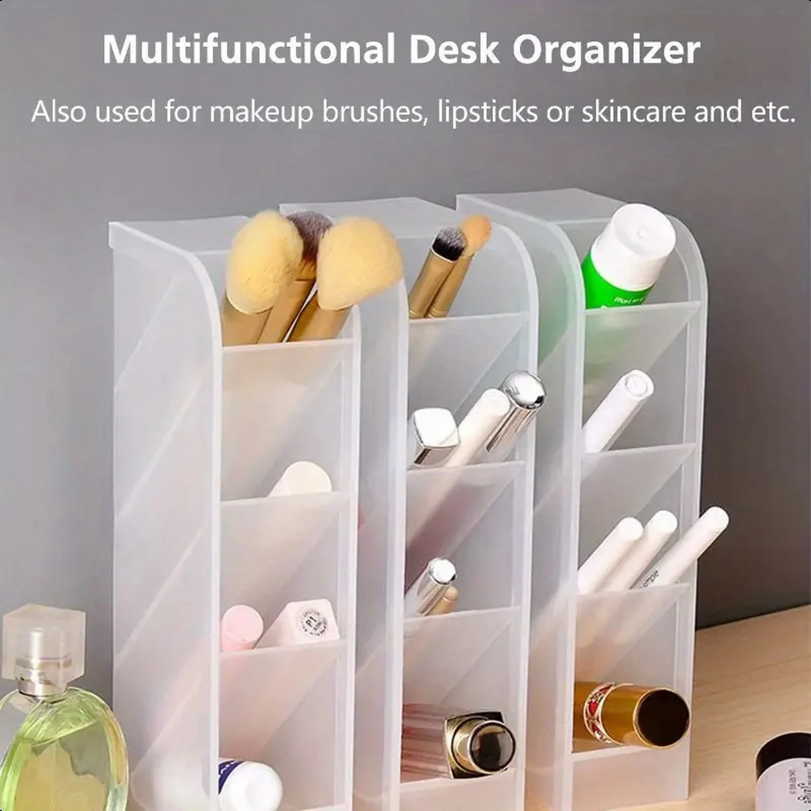 Multi-Functional Inclined Pen Holder Desktop Storage Box Simple Vertical Transparent Four-Grid Organizer for Desk