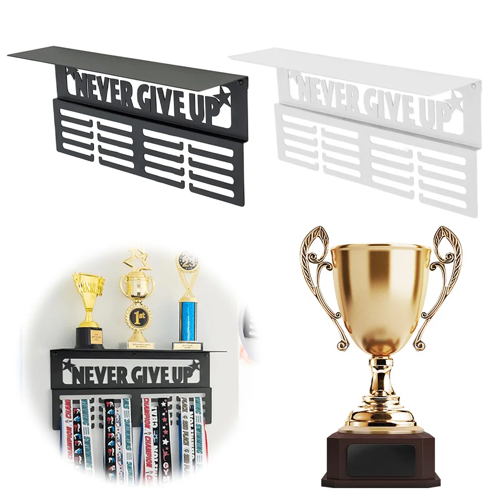 

Never Give Up Medal Holder Trophy and Medal Display Shelf Awards Display Shelf Medal Holder Rack for Wall Mount Ribbon Display