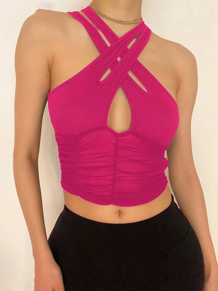 

Y2K Sexy Hollow Women Halter Tank Tops Sleeveless Ruched Patchwork Mesh Camisole Clubwear Fashion Solid Vest Outfit