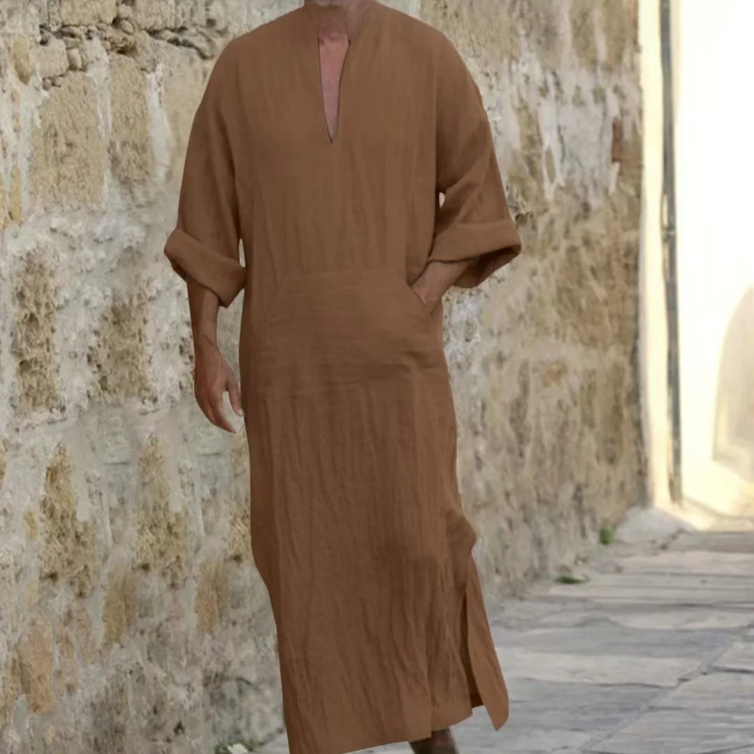 Roupão Étnico Masculino de Manga Longa em Aodão e Linho para Jovens Muçulmanos, Moda Casual de Verão