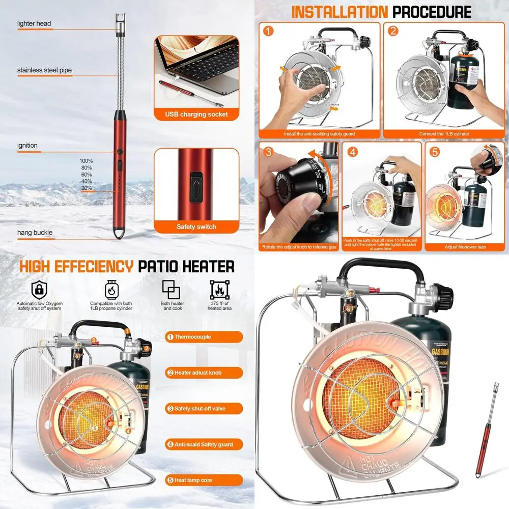 

Портативный пропановый обогреватель и плитка для патио, 18 000 BTU, с USB-зажигалкой, идеально подходит для кемпинга и активного отдыха на природе