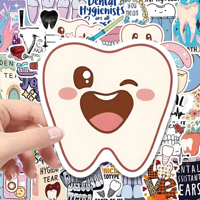 50Pcs Cute Dental Tooth Shaped Stickers Cartoon Teeth Sticker Dentist Store Toothbrush Label Decoration Dentistry Gifts