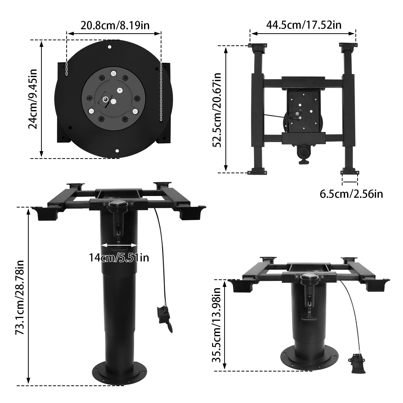 إطار طاولة RV للرفع الهوائي بزر واحد، نطاق 33.5-73.1 سم، رفع سريع، قابل للتعديل بأربعة اتجاهات، مناسب لطاولة اليخوت RV