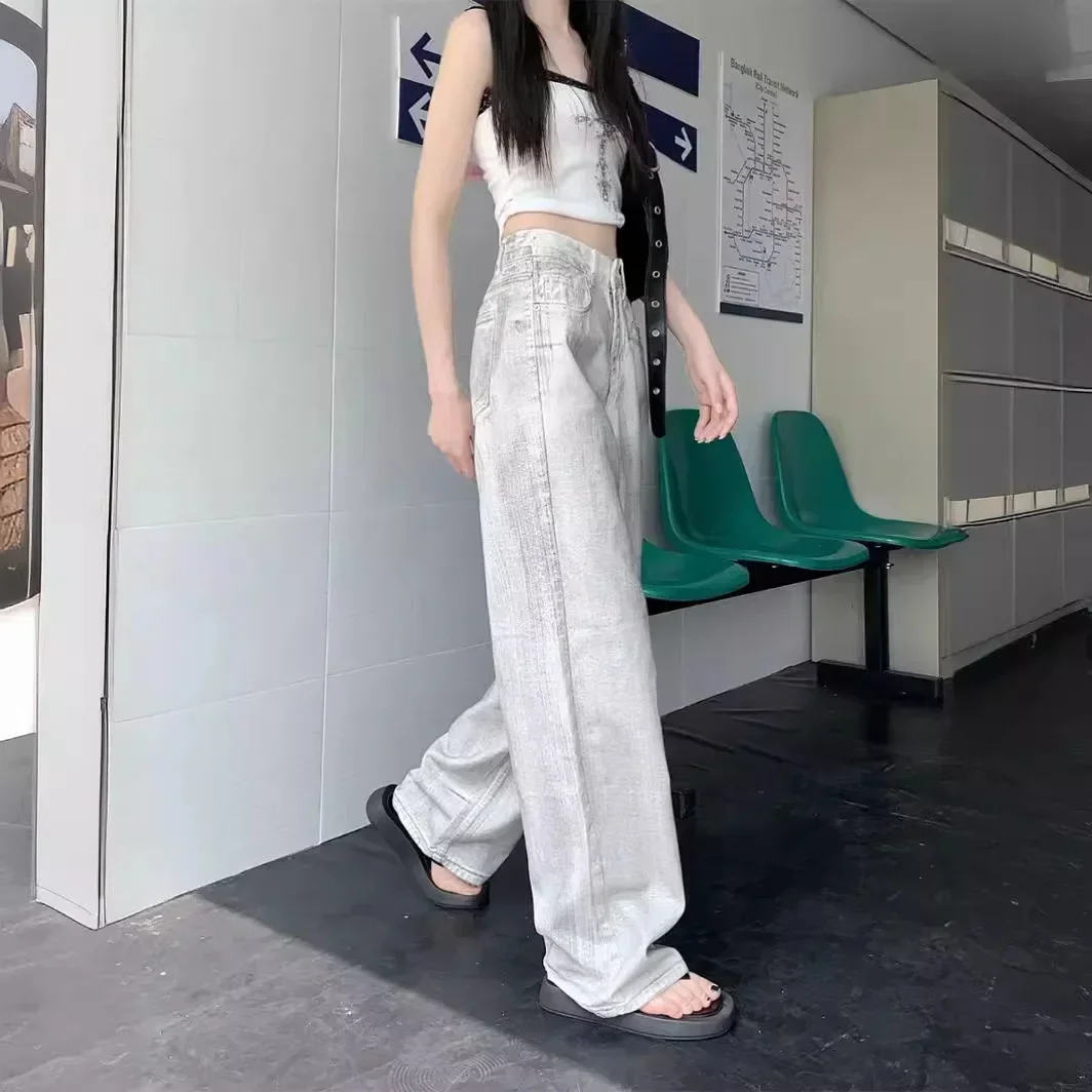 American white gray dirty jeans women's summer high street vibe design sense old versatile loose wide-leg pants