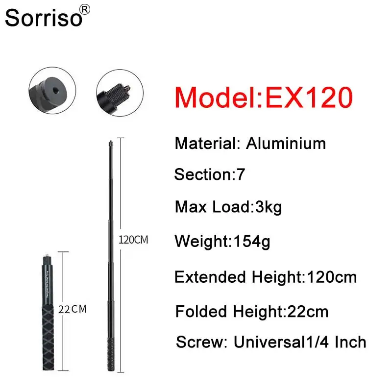 SORRISO 120 سنتيمتر عصا سيلفي غير مرئية الألومنيوم طويل تلسكوبي Monopod ترايبود تمديد قضيب لكاميرا الحركة Insta360