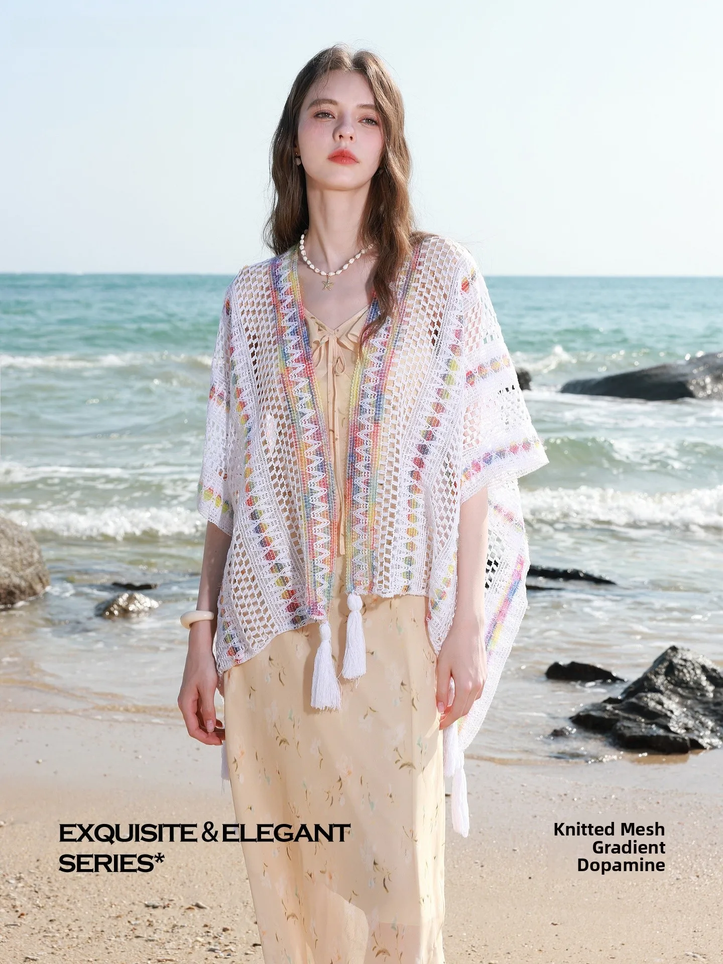 bohemian-knitted-three-color-2026-new-hollow-out-shoulder-shawl-rainbow-striped-tassel-camping-vacation-atmosphere-women's-scarf