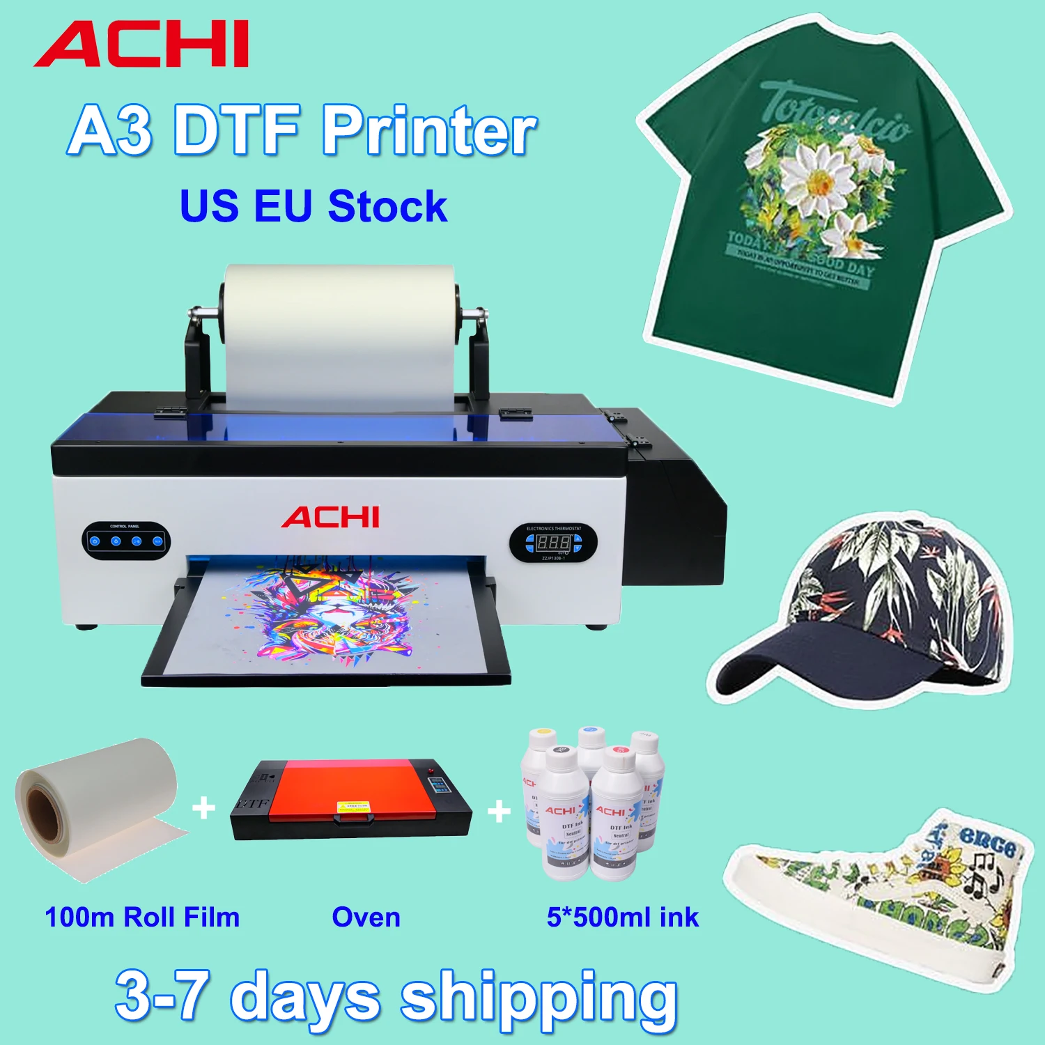 

ACHI A3 DTF Transfer Printer R1390 DTF Printer T Shirt Printing Machine With Curing Oven for Clothes Hoodies Jeans US Stock