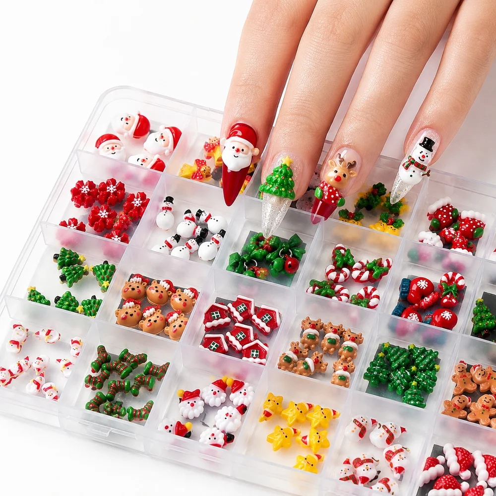 24 Grid Mixed Holiday Nail Charms 3D Resin Gingerbread Man Bell Wreath Sock Xmas Ornaments For DIY Nail Art Salon Decoration