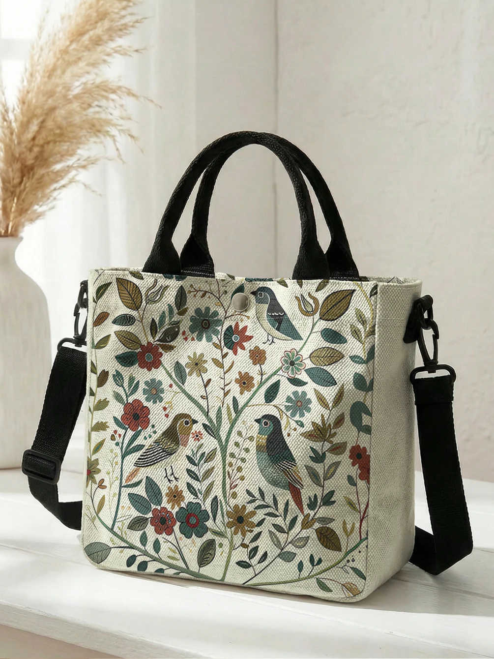 Vintage Bird Floral Leaf Print Tote Bag Detachable Strap Crossbody Handbag For Women Daily Shopping