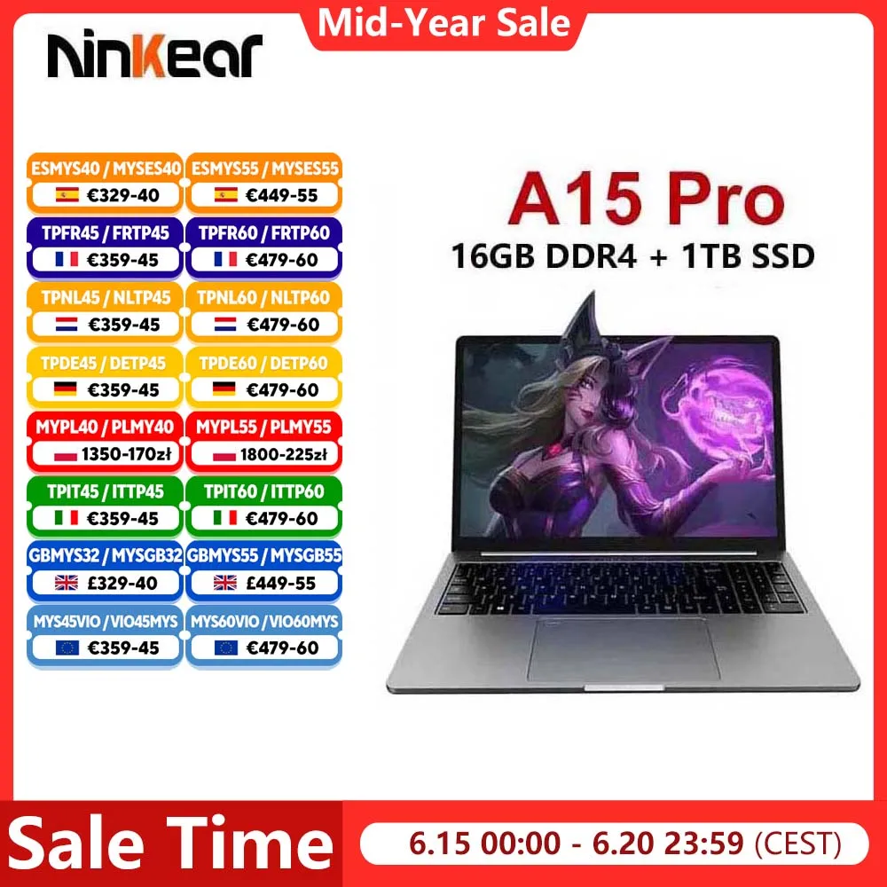 Portátil Ninkear A15 Pro, 16GB, 1TB, AMD Ryzen 5, Pantalla de 16 pulgadas 120Hz 2560*1600, Desbloqueo por Huella Dactilar