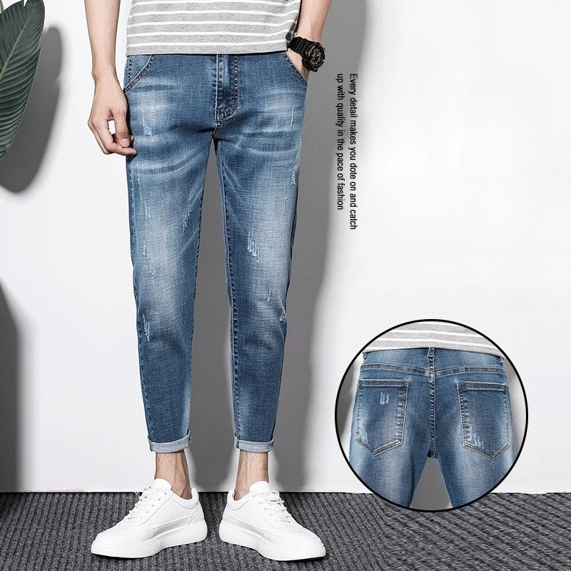 

Jeans Men Korean Vintage Streetwear Distressed Denim Pants Personality Hip Hop Trousers Male Trendy Brand Stretch Slim Ripped