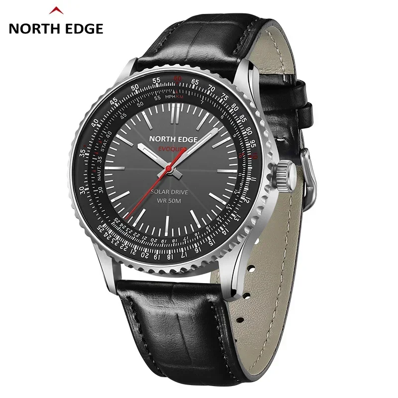 NORTH EDGE EVOQUE3 Men Pilot Watch Aviation Military Solar Powered Wristwatch Leather Strap Luminous Stainless Steel