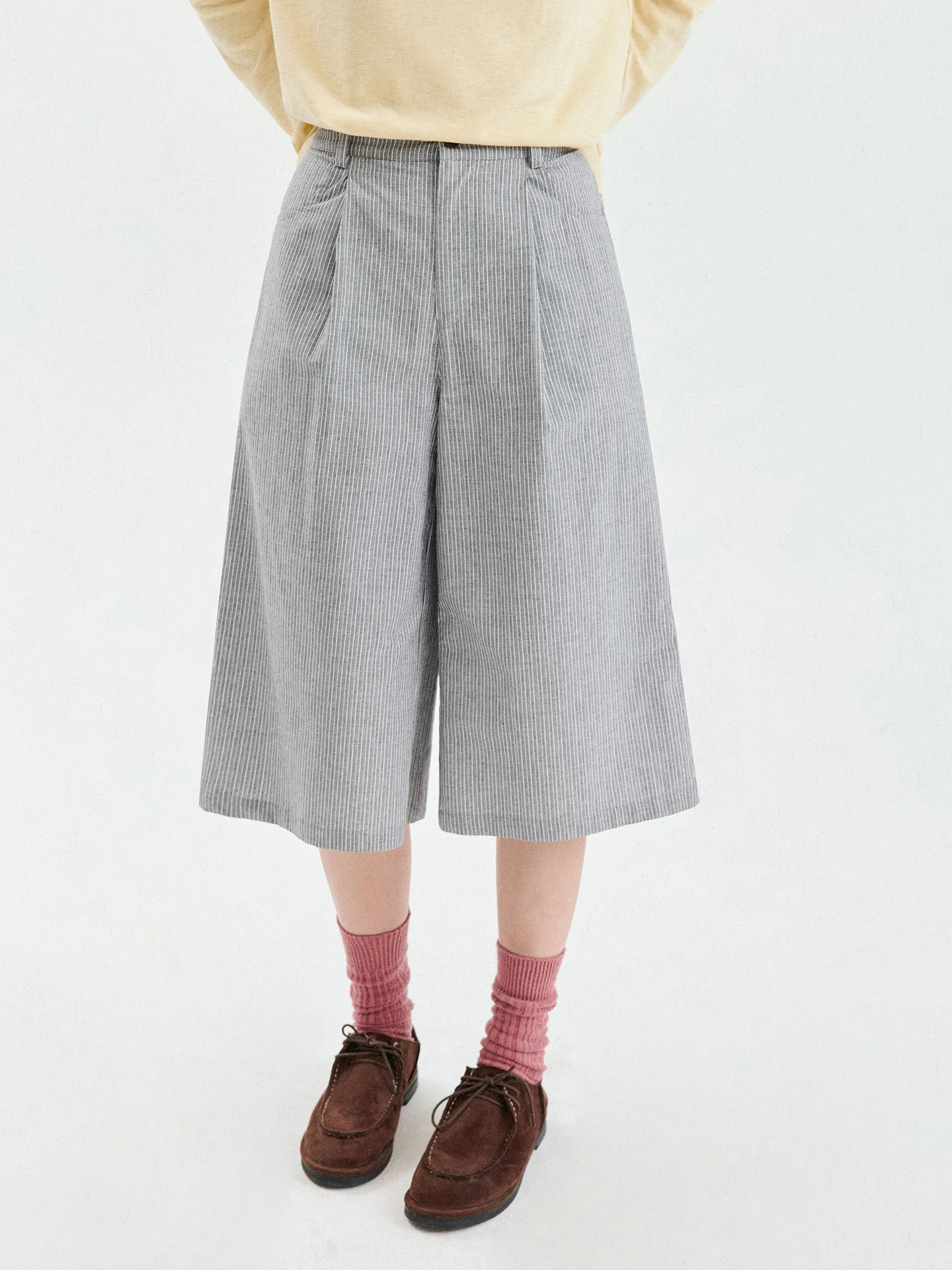 Original Grey Stripe Splicing Lace  Five-Point Pants Women's Pure Cotton Wide Leg Casual Pants Autumn High Waist Loose Fit