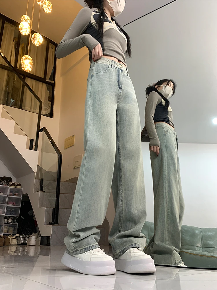 Jeans blu a gamba larga a vita alta Pantaloni larghi dritti al pavimento da donna Primavera 2025 Casual Sle Miscela di cotone antirughe