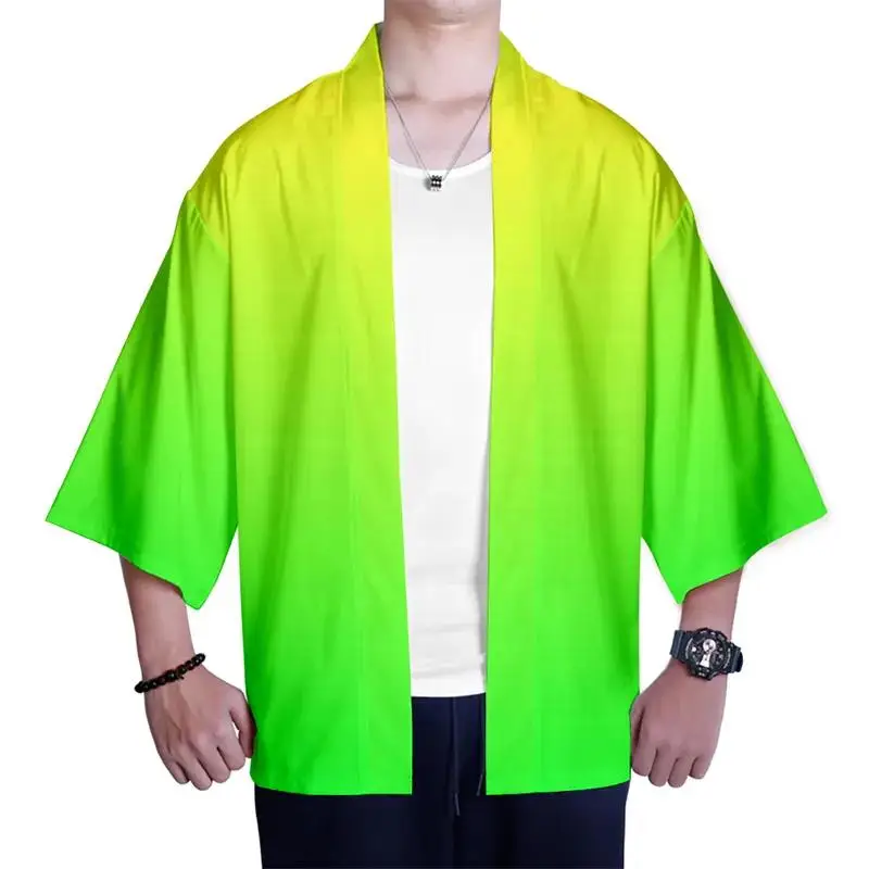 Japanische bunte Farbverlauf Kostüm 3D-Druck Kimono-Shirt Hip-Hop-Männer Sieben-Punkt-Ärmel Tops Regenbogen Strickjacke Jacke Streetwear