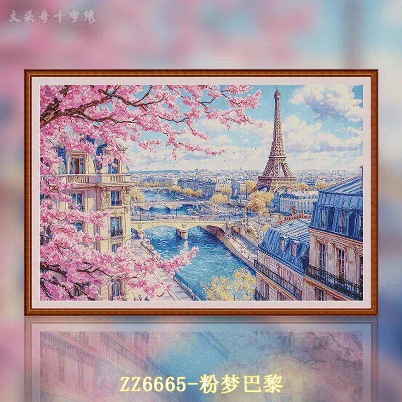 Stamped Cross Stitch Kit 14CT 16CT Pre Printed Canvas Cotton Thread DIY Embroidery for Home Wall Decor[ZZ6665-Pink Dream Paris]
