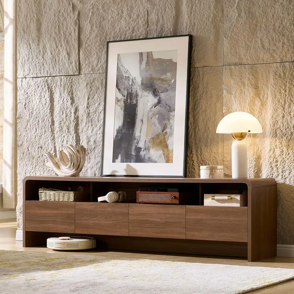 70-80 Curved Wood TV Stand with 2 Cabinets for Media & Living Room, Brown