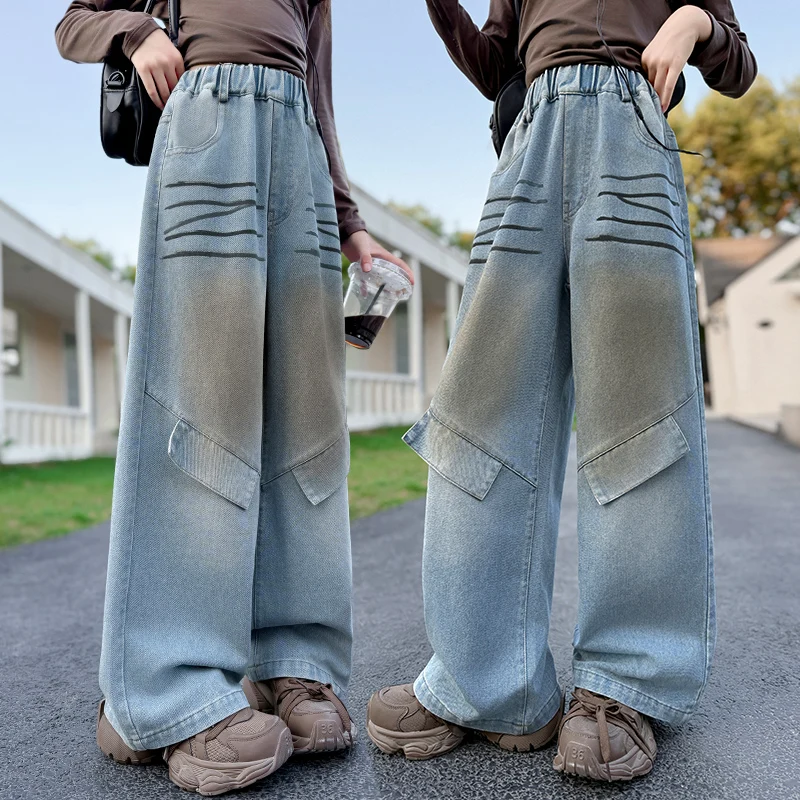

Children Cool Fashionable Wide Leg Jeans for Girls Spring-Autumn New Style Soft Denim Pants for Kids Hip Hop Trendy Trousers