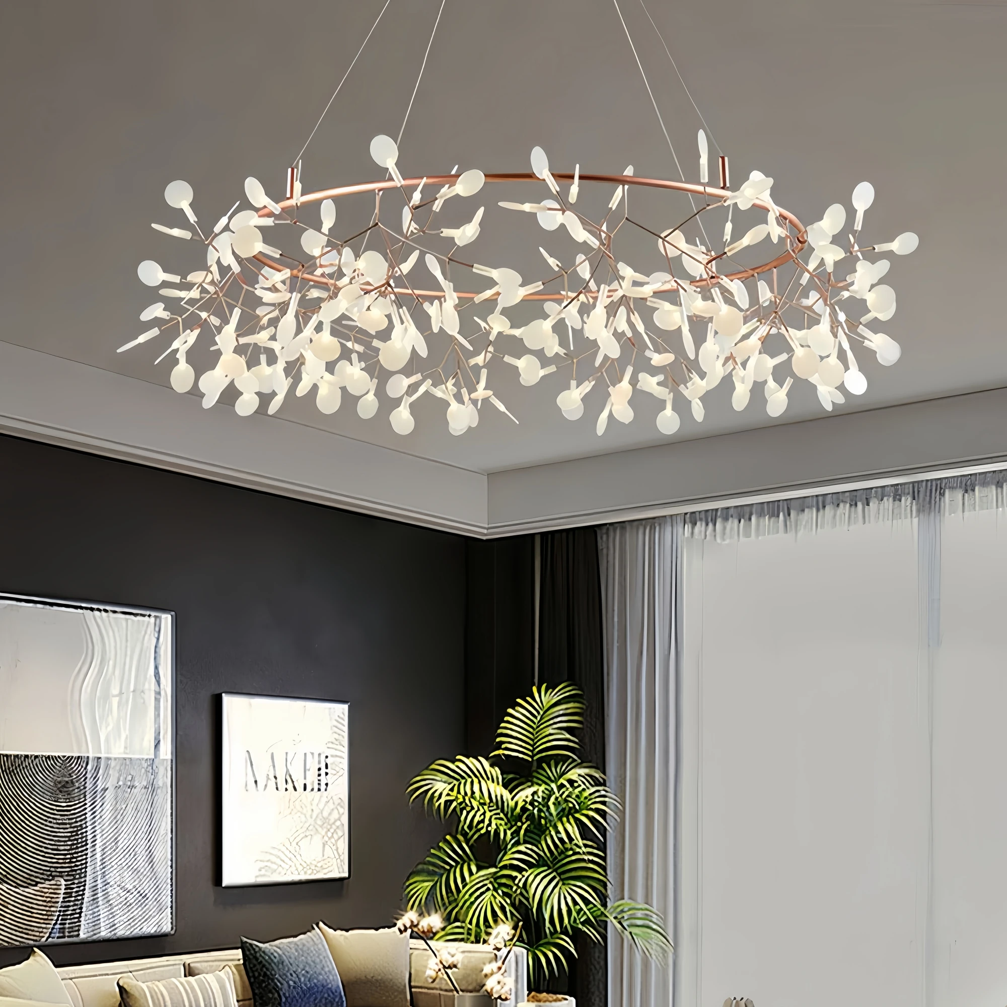 Lámpara Colgante Nórdica Artpad para Sala de Estar, Lámpara Moderna Grande para Cocina, Lámpara Firefly, Lámpara Redonda con Ramas en Oro Rosa y Negro