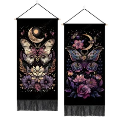 Aesthetic Moth Witchy Tapestry Wall Hanging, Floral Moon Moth Tapestry ,Magical Butterfly Tapestry for Living Room, 12.8x27.5 In
